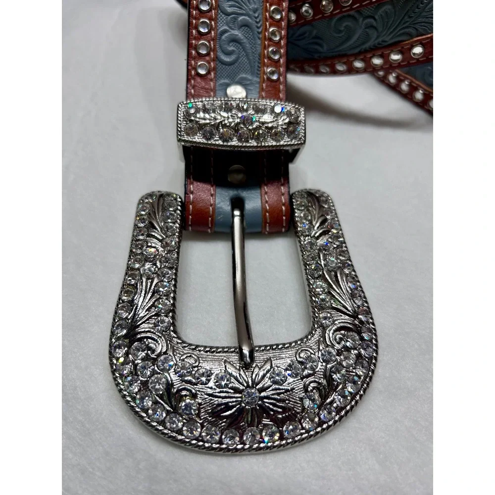 3-D Belt Womens Blue Tooled Leather Rhinestone Western Cowgirl Belt Size 32 647